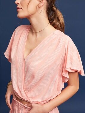 Anthropologie Maeve Pink V-Neck Blouse with Flutter Sleeves